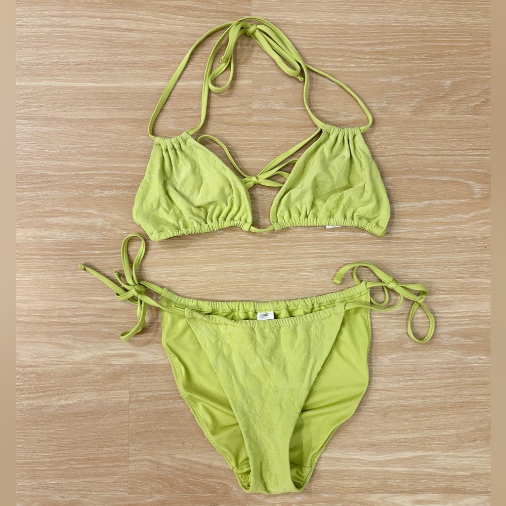 Weekday Lime Green Textured Floral String Bikini Set Strappy Triangle S/M